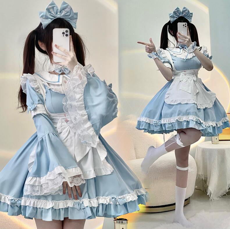 楽天市場】可愛いロリータワンピース ブルー メイド洋服 リボンフレア