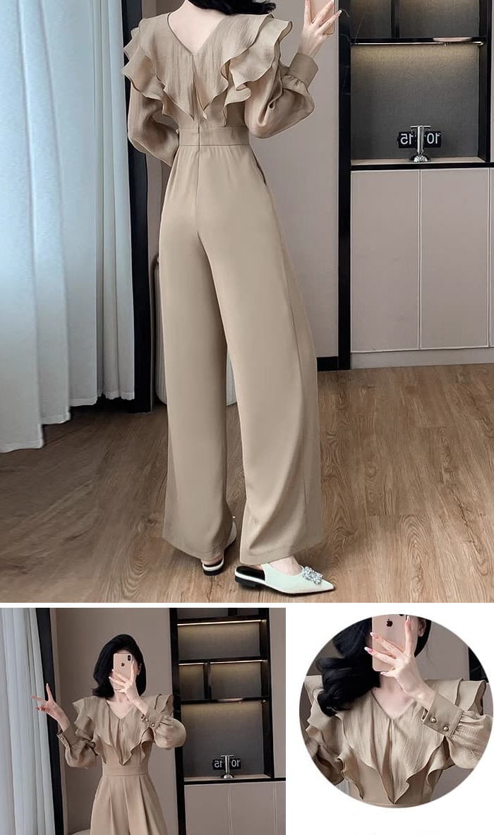 楽天市場】オールインワン Vネック フリル 長袖 ハイウエスト ロング