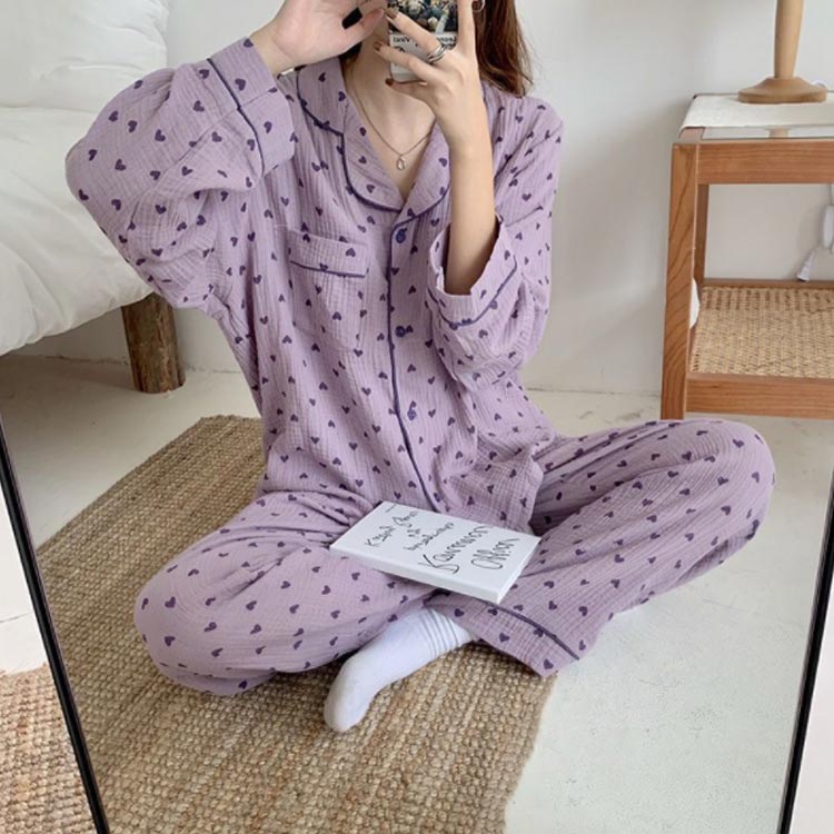 楽天市場】 部屋着 ハート柄 総柄 前開き Wガーゼ セットアップ