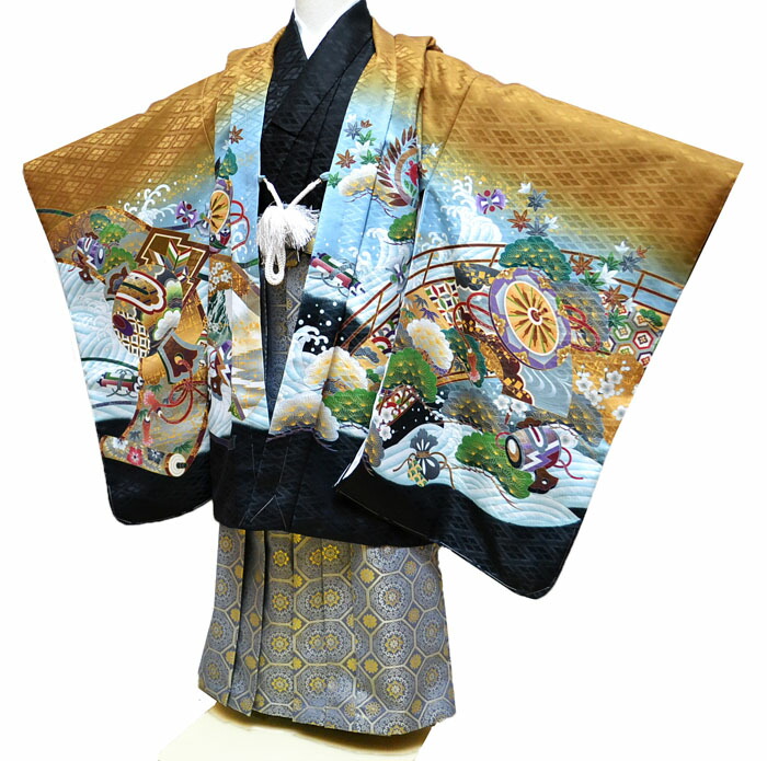 七五三5歳完全フルセット‼️豪華青系兜鷹金彩煌びやか⭐︎袴金蘭刺繍