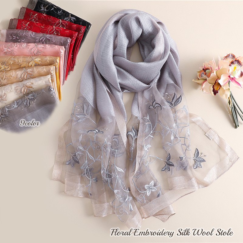 楽天市場】ストール 薄手/花柄刺繍シルクウール大判ストール スカーフ