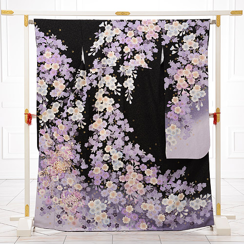 楽天市場】〔振袖〕〔貸衣装〕振袖レンタル789黒地ラメパステル紫桜