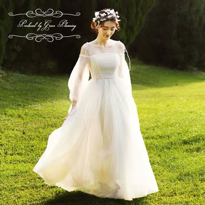 楽天市場】ウェディングドレス 袖あり 長袖 オフショルダー 二次会