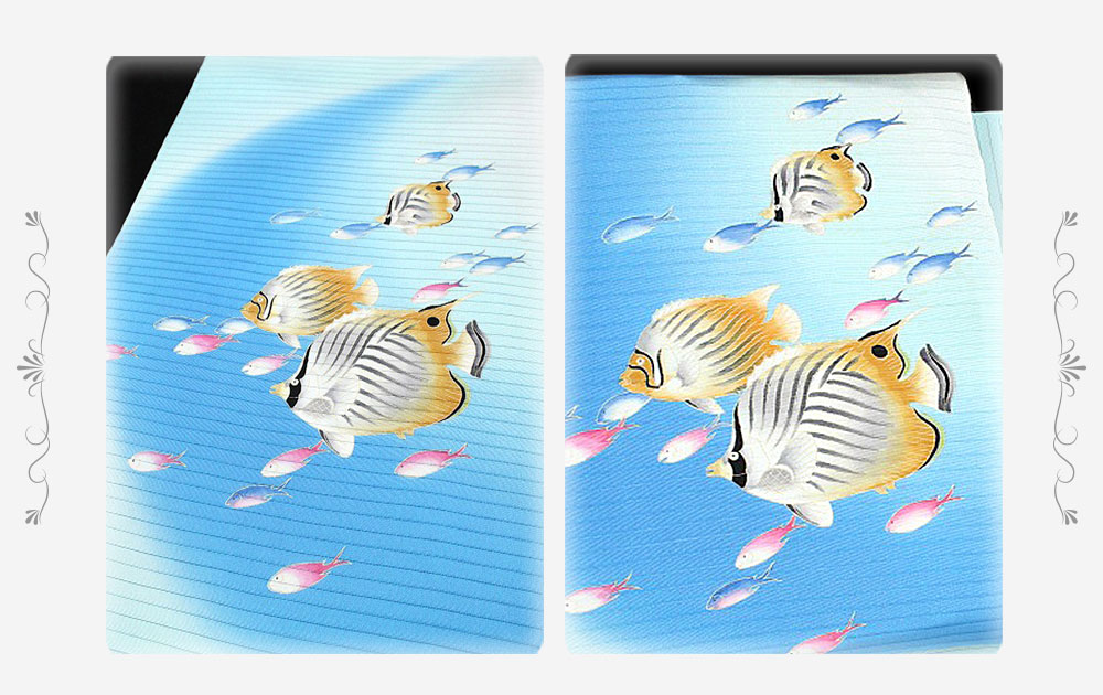 楽天市場】夏物 名古屋帯 十日町友禅 塩瀬 秀美 絽 水色 熱帯魚 トゲ
