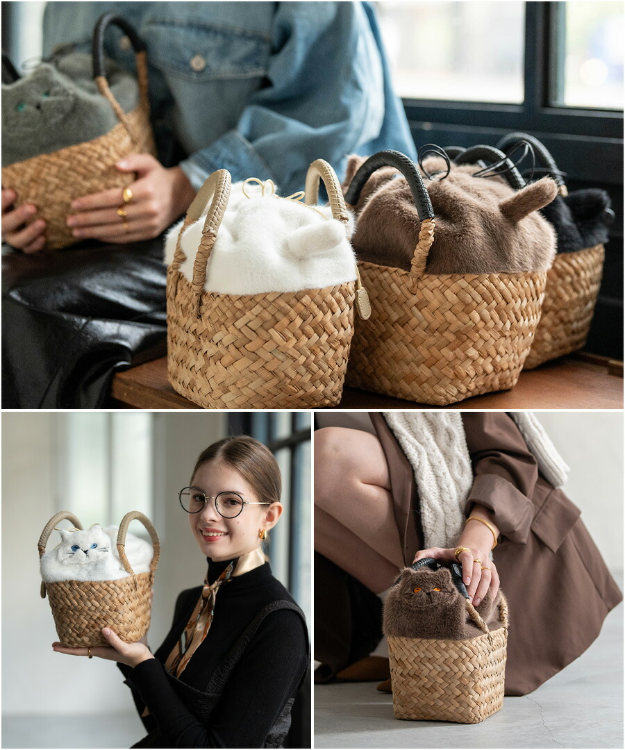 楽天市場】AIM医学研究支援PJ実施中｜ ねこモチーフ かごバッグ ファー