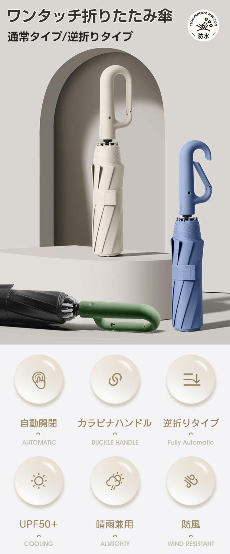 楽天市場】折りたたみ傘 ワンタッチ カラビナ 自動開閉 晴雨兼用