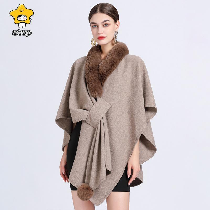 楽天市場】ニットポンチョ エコファー付き ポンチョコート ストール