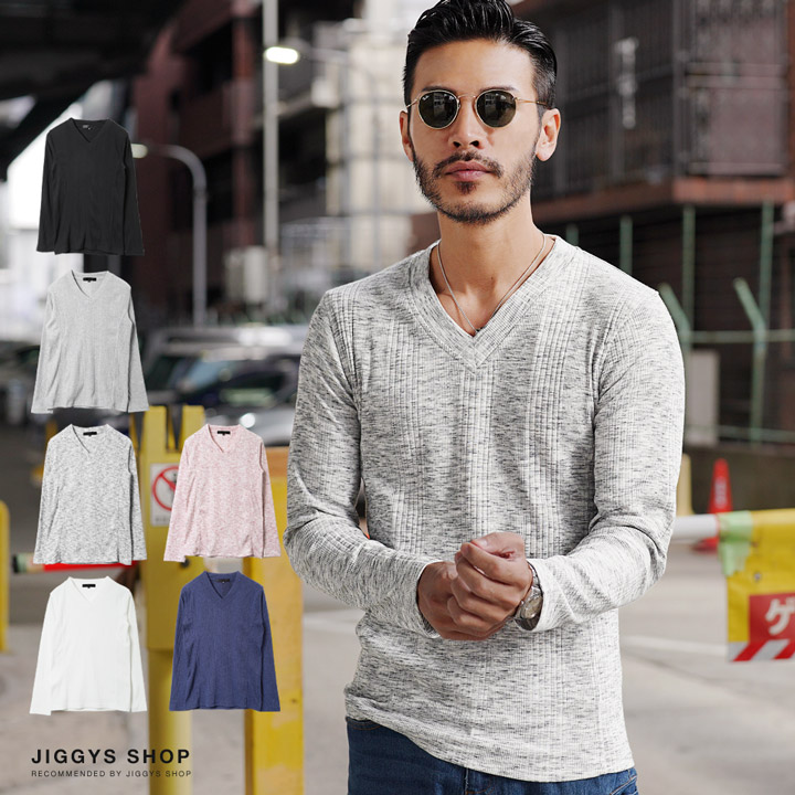 楽天市場】ロンT メンズ リブ カットソー◇Vネックテレコリブ長袖T