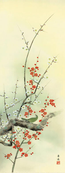 楽天市場】掛け軸 掛軸 花鳥画 根本孝逸・紅白梅に鶯（掛軸） : 絵画生活