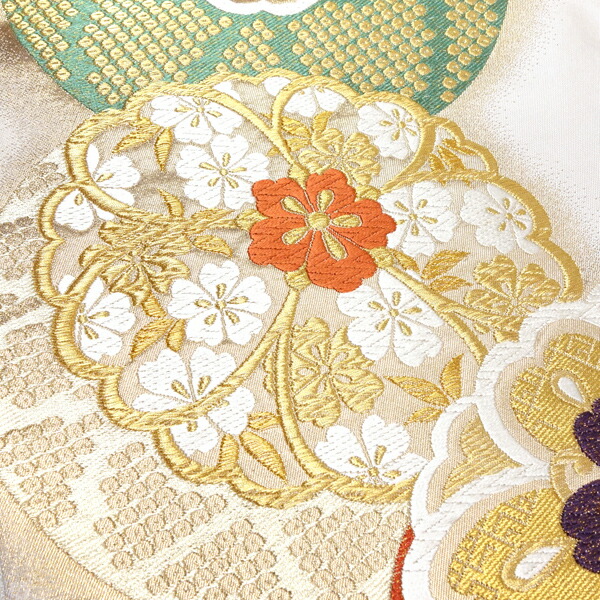 H-365 名古屋帯 名古屋仕立て 正絹 九寸 植物文様 唐織 白