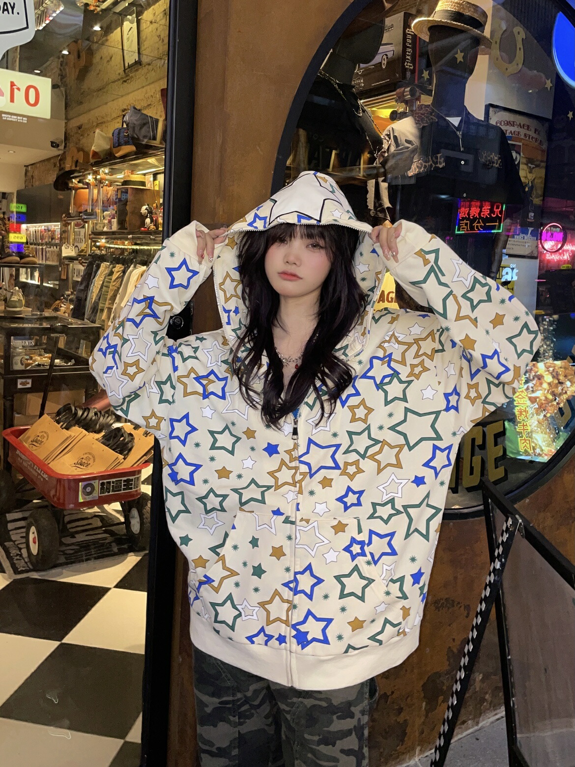 楽天市場】星柄 パーカー トレーナー 総柄 フーディー フード ポケット