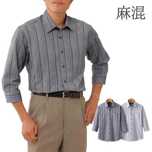 楽天市場】シャツ 七分袖 ネイビー グレー ストライプ メンズ シニア