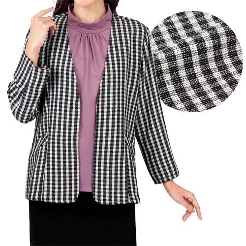 楽天市場】ノーカラージャケット ギンガムチェック シルク混 黒×白