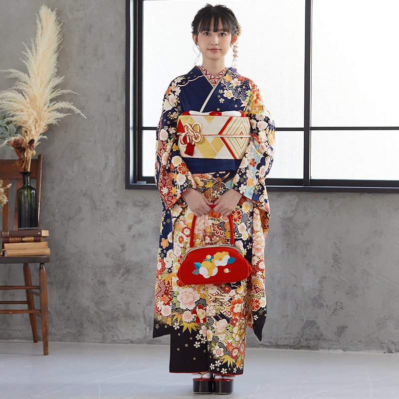楽天市場】【振袖 レンタル】 結婚式 結納R1451 正絹 紺 流水古典花