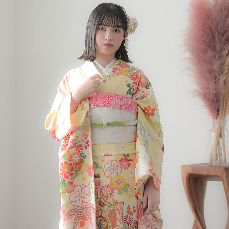 楽天市場】【成人式 振袖 レンタル】RS1423 正絹 黄 松牡丹に御所車