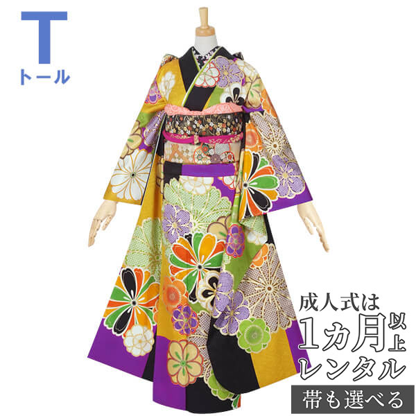 楽天市場】【成人式 振袖 レンタル】RS1561 正絹 黒×紫×金茶×黄緑 菊梅