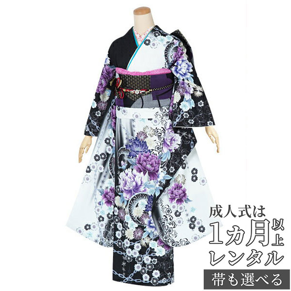 楽天市場】【成人式 振袖 レンタル】RS1512白黒 牡丹とチェーンフル
