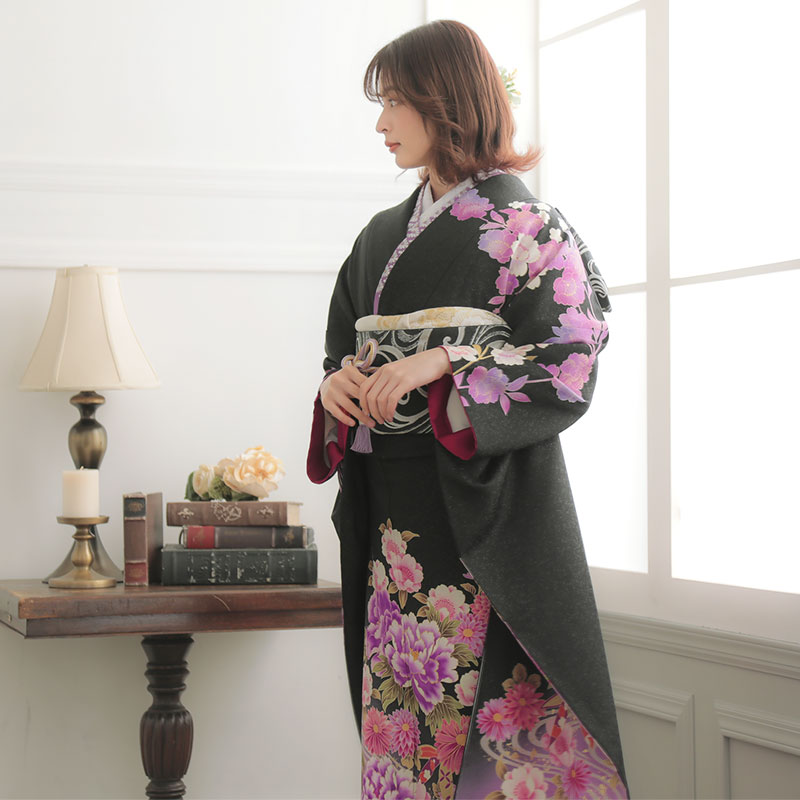 楽天市場】【成人式 振袖 レンタル】RS1651 正絹 黒 牡丹に桜と菊花