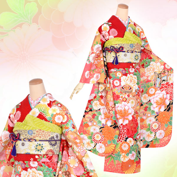 楽天市場】【成人式 振袖 レンタル】RS1674 正絹 赤 平安朝 御簾に松