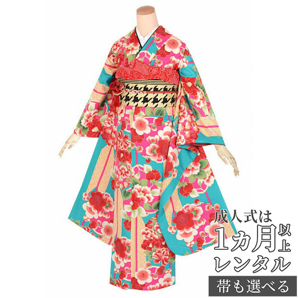 楽天市場】【成人式 振袖 レンタル】RS1606青緑 矢羽根に花の丸 Xmiss
