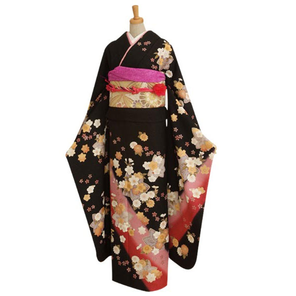 楽天市場】【成人式 振袖 レンタル】RS165 正絹 黒 ピンクもみじフル