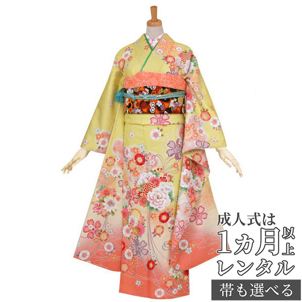 楽天市場】【成人式 振袖 レンタル】RS1054 正絹 黄 花くす玉に八重桜