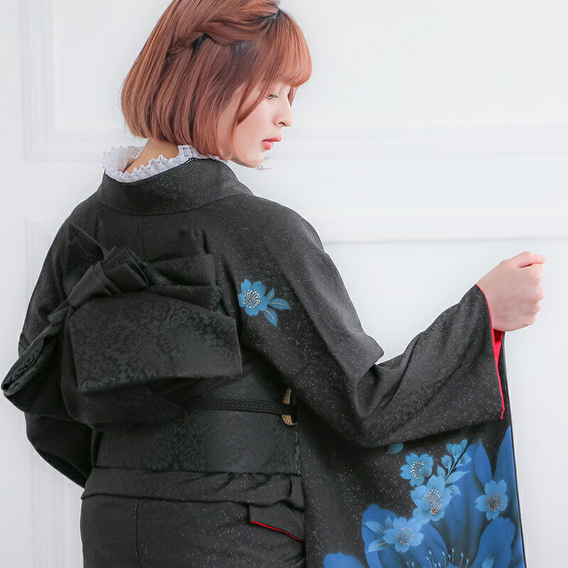 楽天市場】【成人式 振袖 レンタル】RS1068 正絹 黒ブルー 桜フル