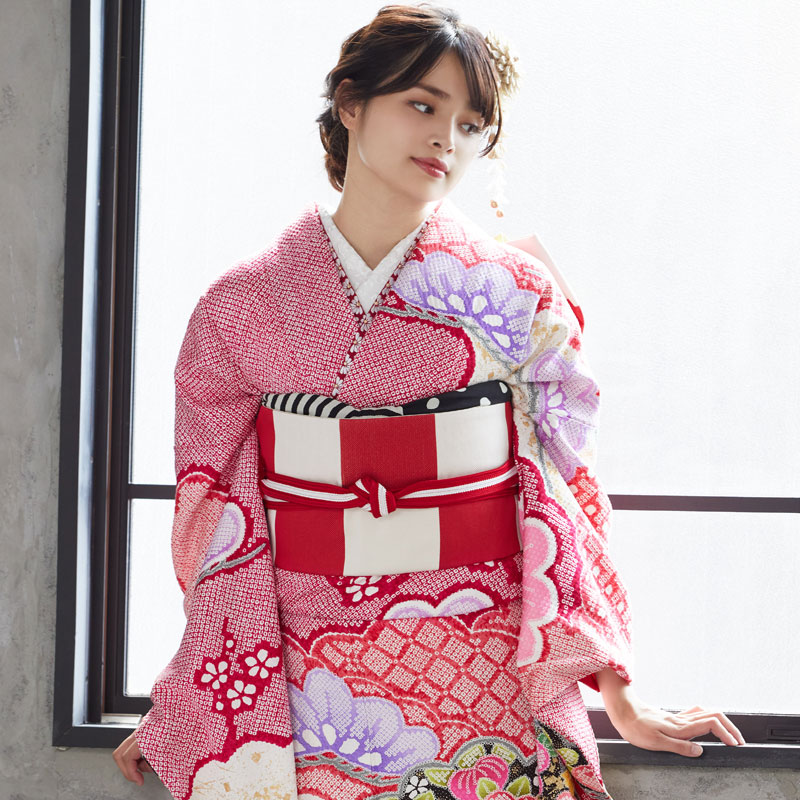 楽天市場】【成人式 振袖 レンタル】RS1089 正絹 赤 疋田雲取松文様