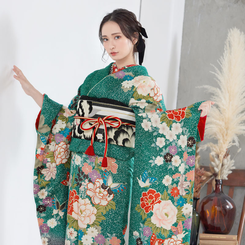 楽天市場】【成人式 振袖 レンタル】RS1179 正絹 緑 四季の花に蝶フル