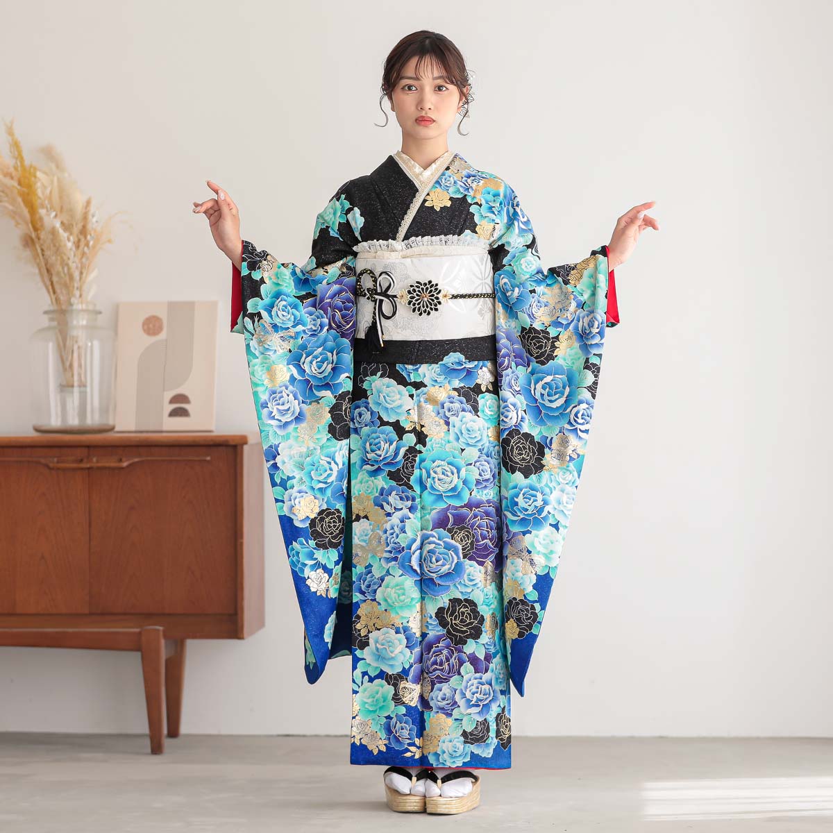 楽天市場】【成人式 振袖 レンタル】RS1189 正絹 黒青 薔薇フルセット