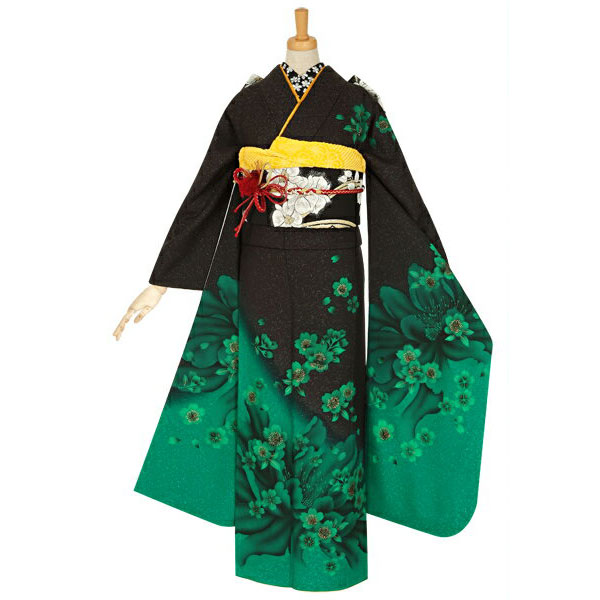 楽天市場】【成人式 振袖 レンタル】RS1195 正絹 黒×緑 桜フルセット