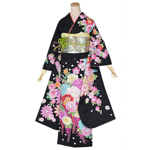楽天市場】【成人式 振袖 レンタル】RS1293 正絹 黒 可愛い花束牡丹に