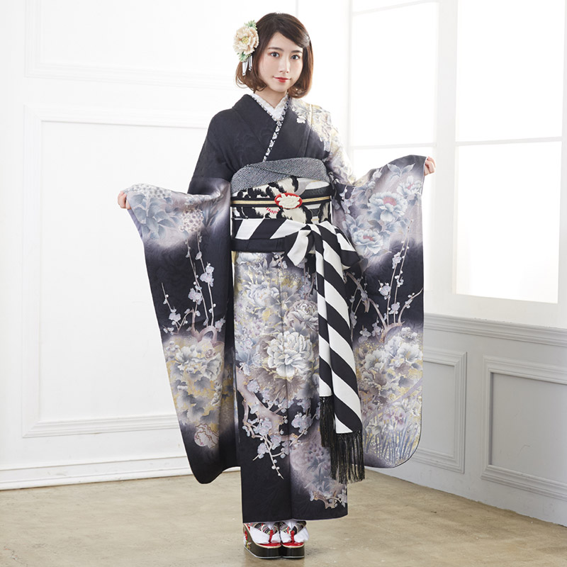 楽天市場】【成人式 振袖 レンタル】RS1382 正絹 黒 墨絵調 牡丹に槍梅