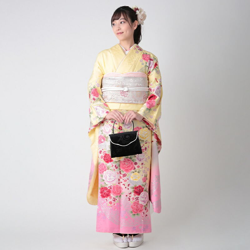 楽天市場】【成人式 振袖 レンタル】RS1387 正絹 黄色 薔薇に舞う蝶