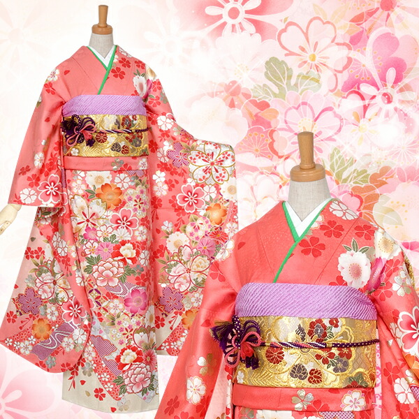 楽天市場】【成人式 振袖 レンタル】RS574 正絹 オレンジピンク 熨斗目