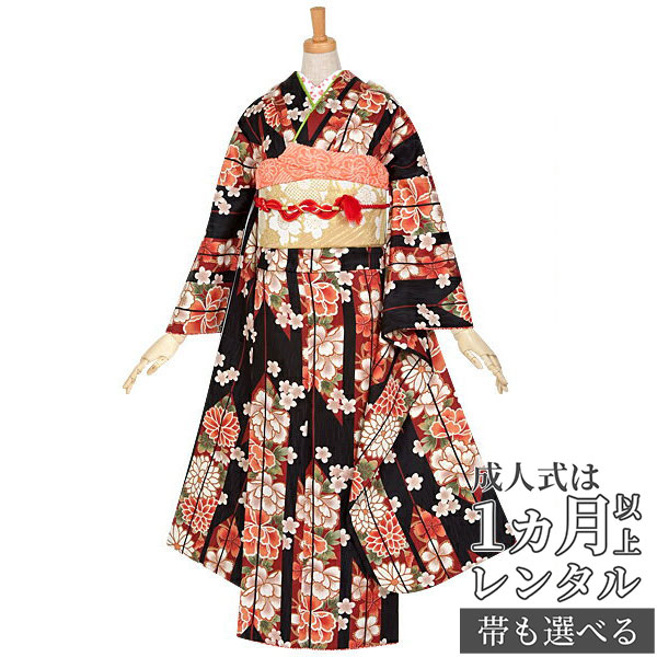 楽天市場】【成人式 振袖 レンタル】RS648黒 矢羽根に牡丹フルセット
