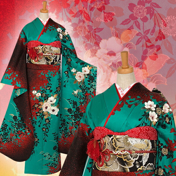楽天市場】【成人式 振袖 レンタル】RS765 正絹 緑 四季草花フルセット