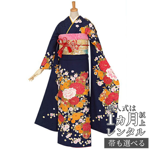 楽天市場】【成人式 振袖 レンタル】RS854 正絹 紺 雪輪に小菊と牡丹