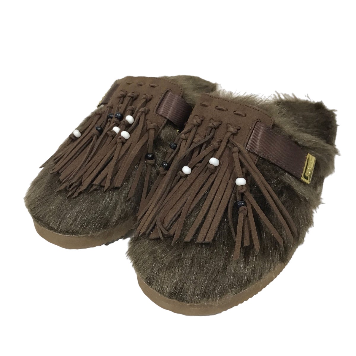 L'Appartment[SUICOKE]ファー×フリンジサボサンダル茶