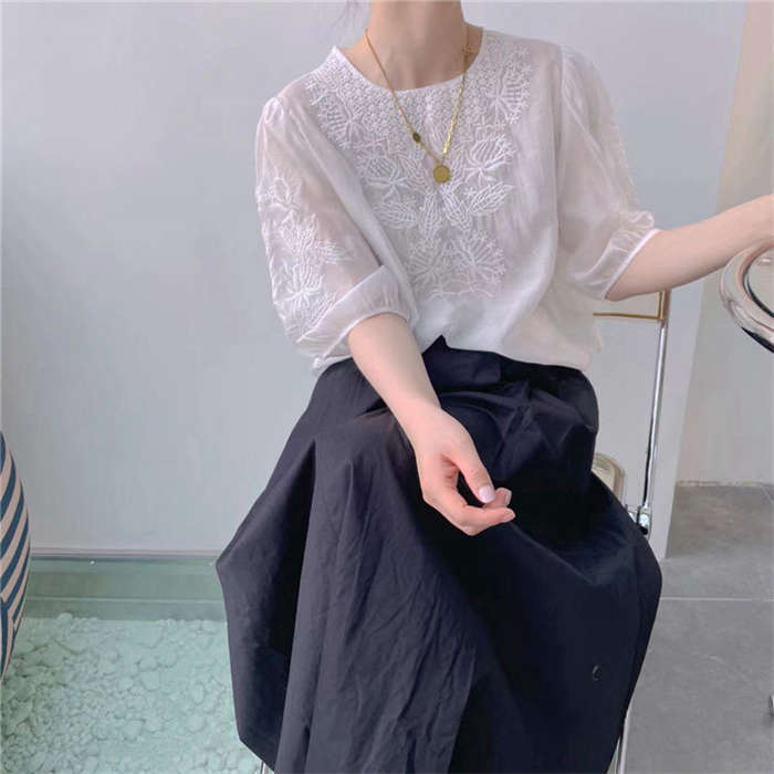 楽天市場】刺繍ブラウス 半袖 レディース ブラウス パフスリーブ 夏 花