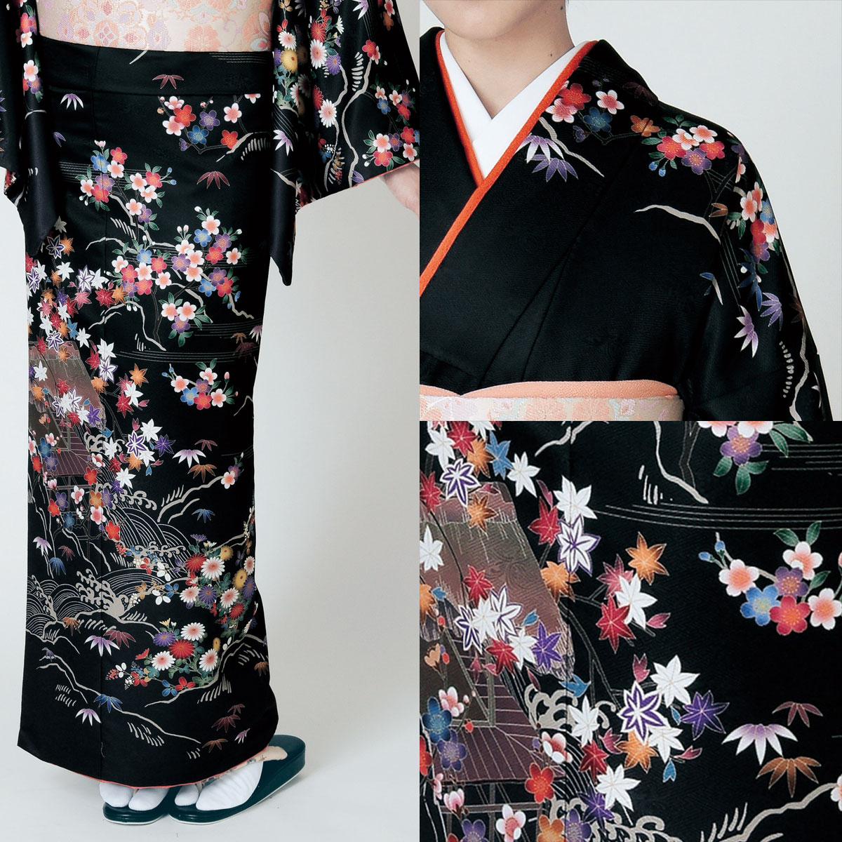 楽天市場】【スーパーSALE】 付下 訪問着 単品 黒系の地色に梅と紅葉と