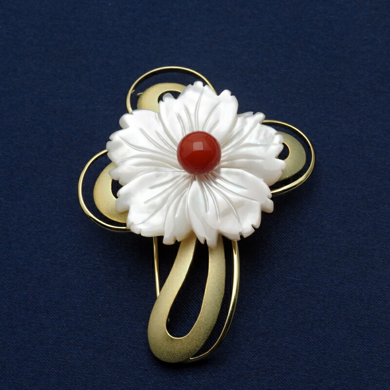 楽天市場】シルバー925 血赤珊瑚 白蝶貝 フラワー ブローチ 天然さんご