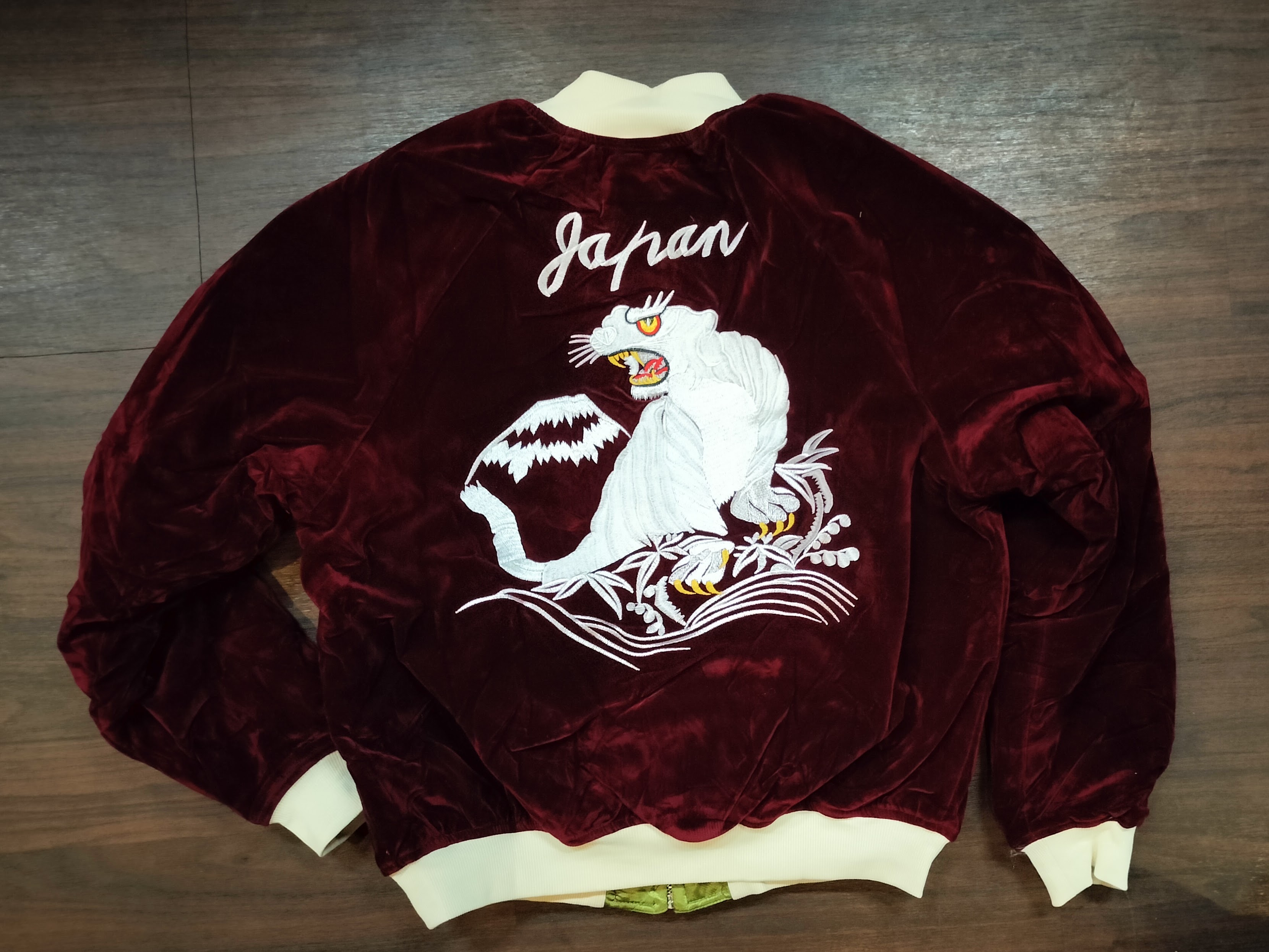 楽天市場】＃417 別珍 スカジャン ”白虎” ワインxオリーブ限定生産