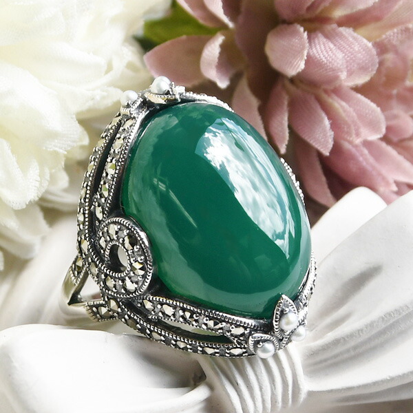 楽天市場】碌山 グリーンアゲート マルカジット リング 特大！ シック