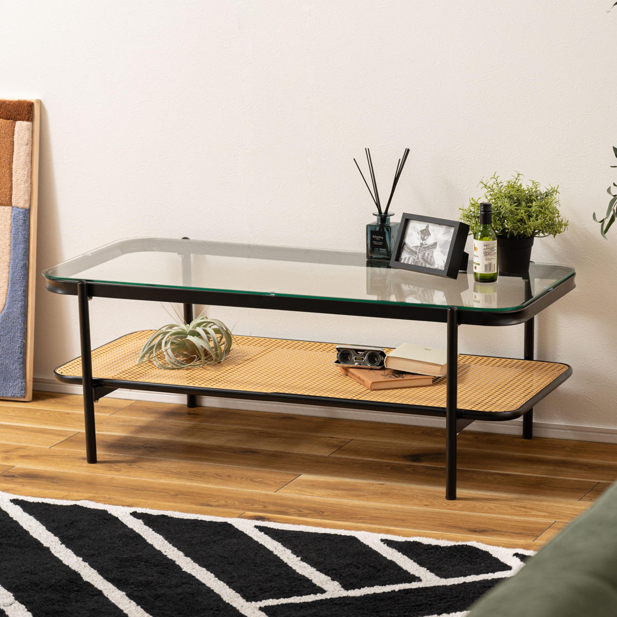 楽天市場】リビングテーブル 幅110cm ガラス天板 ラタン調ラック