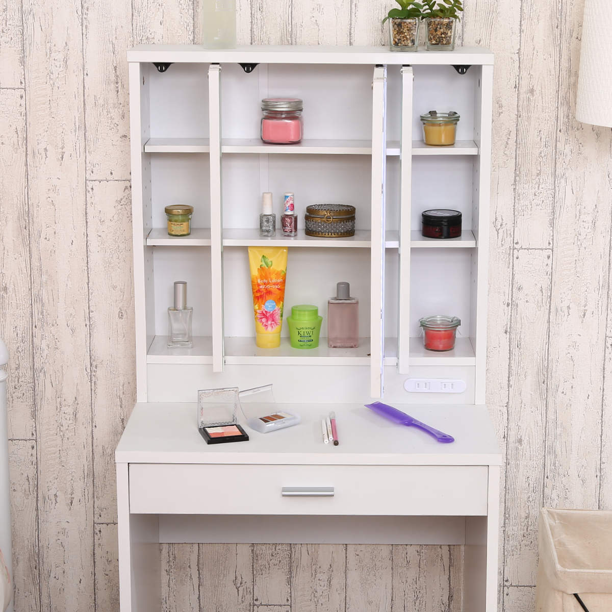 楽天市場】ドレッサー 三面鏡 鏡台 収納 LEDライト付 （ スツール付