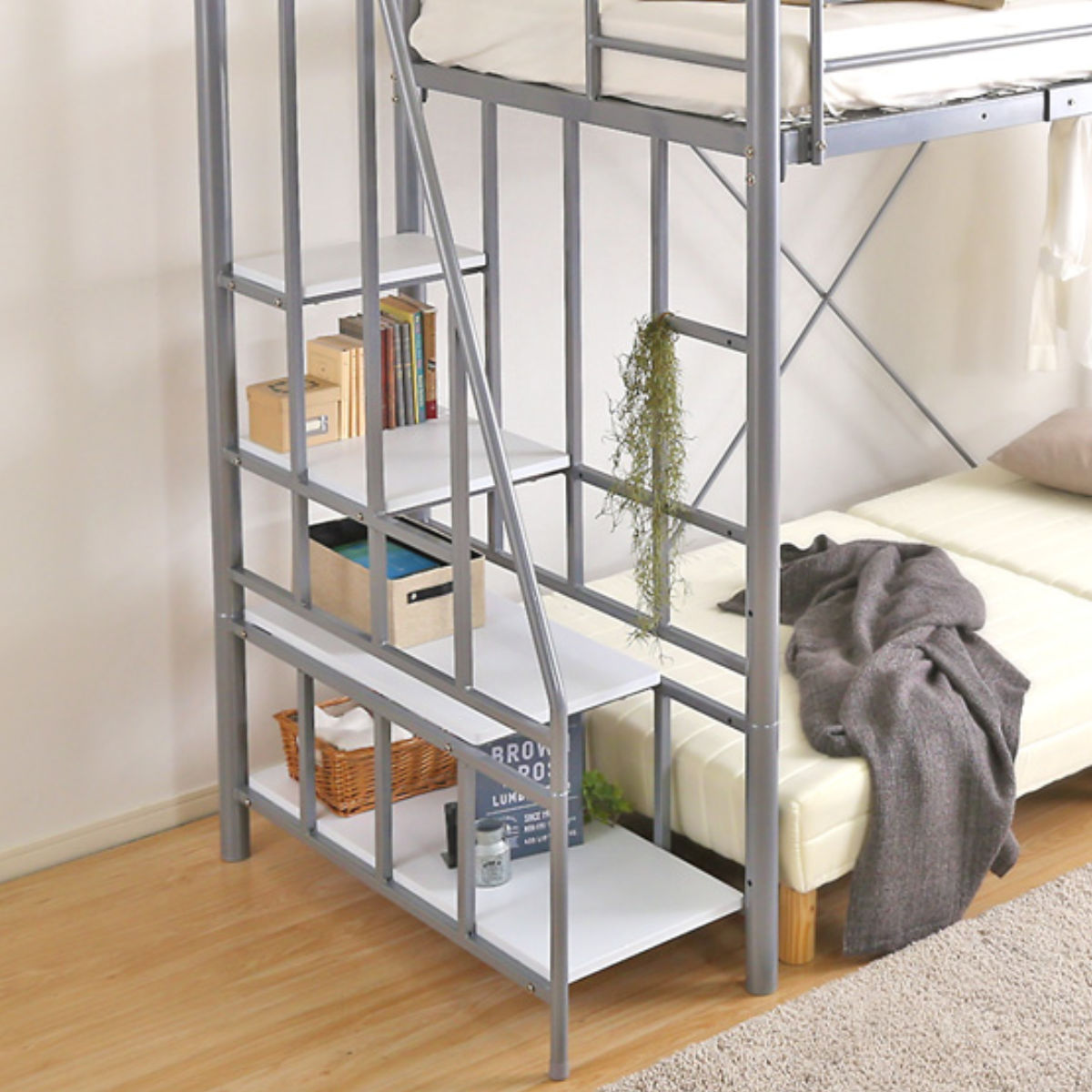 楽天市場】ロフトベッド シングル 階段付き メッシュ 宮棚 2口