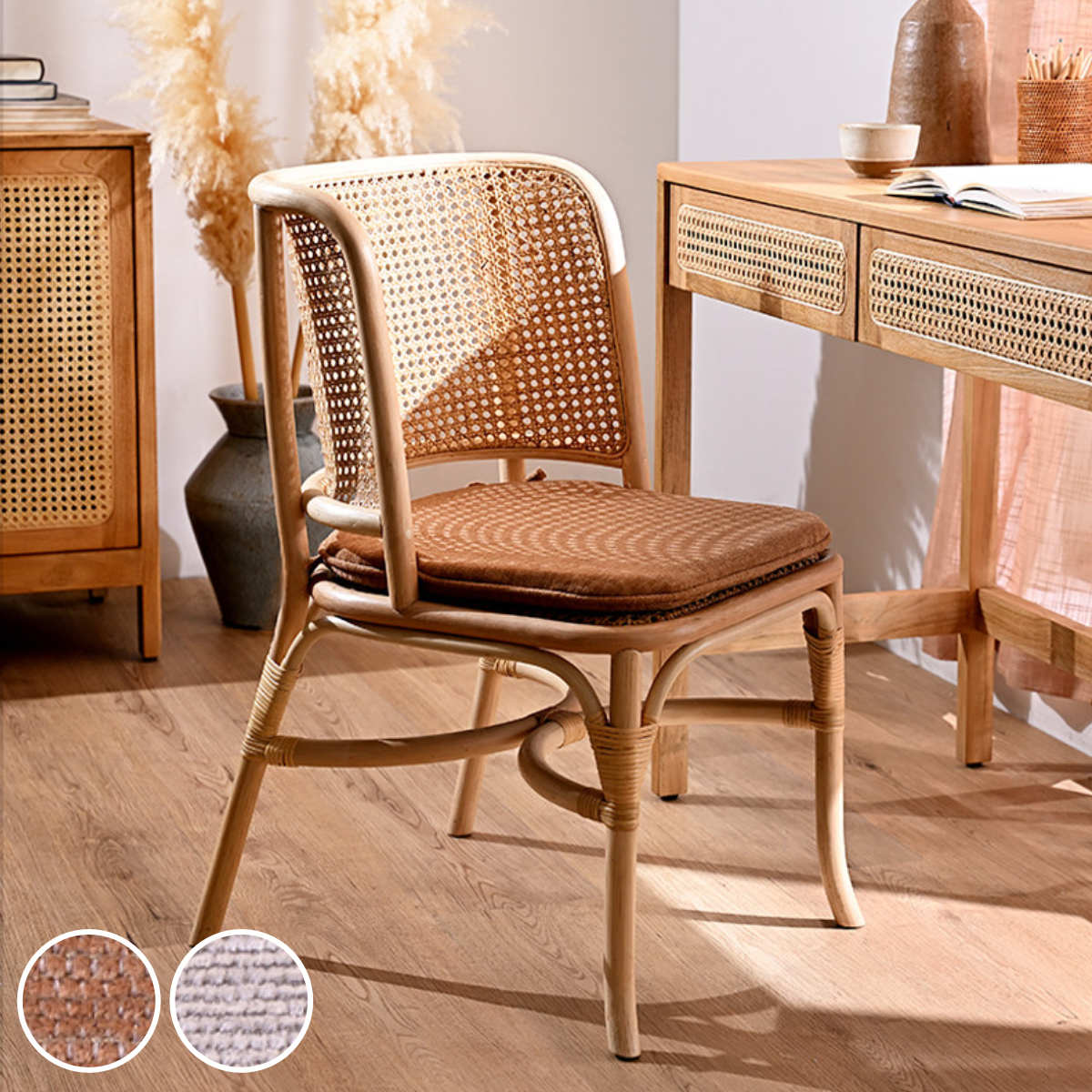 楽天市場】ダイニングチェア ラタン 座面高45cm クッション付 天然木