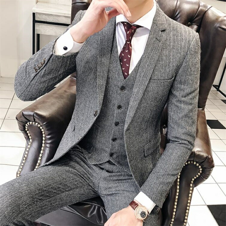 楽天市場】ヘリンボーン柄 50%ウール 2ボタン スリーピーススーツ