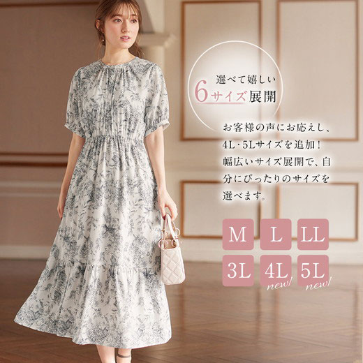 楽天市場】線画タッチ花柄ギャザー切替ワンピース レディース 夏